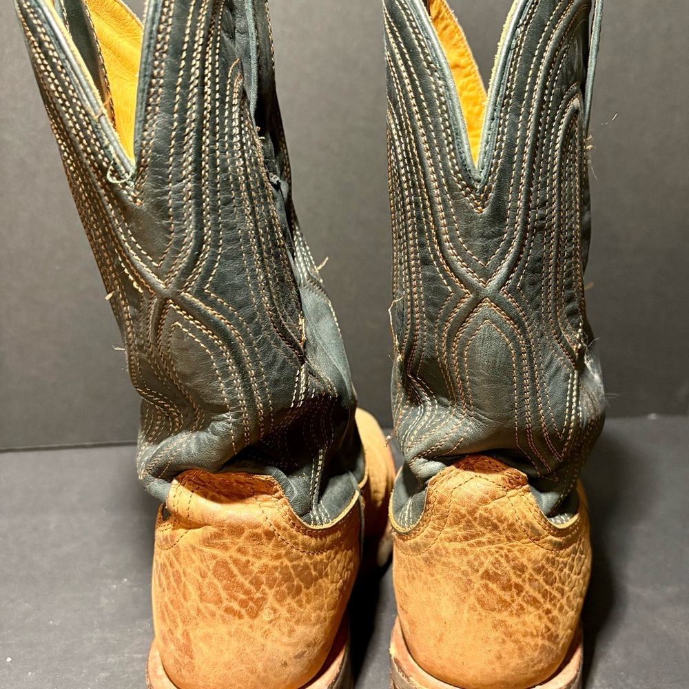 Tecovas Tan and Green Leather Western Style square toe boots with Vibram soles - Picture 4 of 7